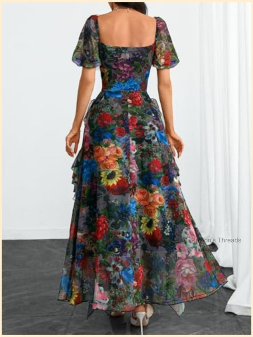 Women Floral Square Neck Puff Sleeve Ruffle Hem Mesh Maxi Dress - Picture 2 of 7